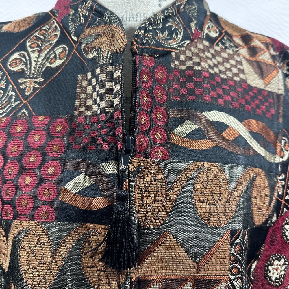Vintage Tapestry Earth Tone Mandarin Full Zip jacket color blocked 2X - Picture 2 of 9